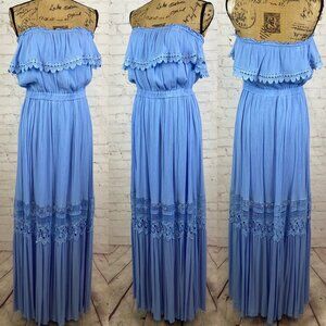 Fashion Nova Crinkly Baby Blue Strapless Lace Cutout Maxi